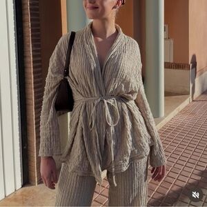 Zara Bloggers Favorite Lounge Beach Cardigan Pants Set Crinkle Green Sz S/M